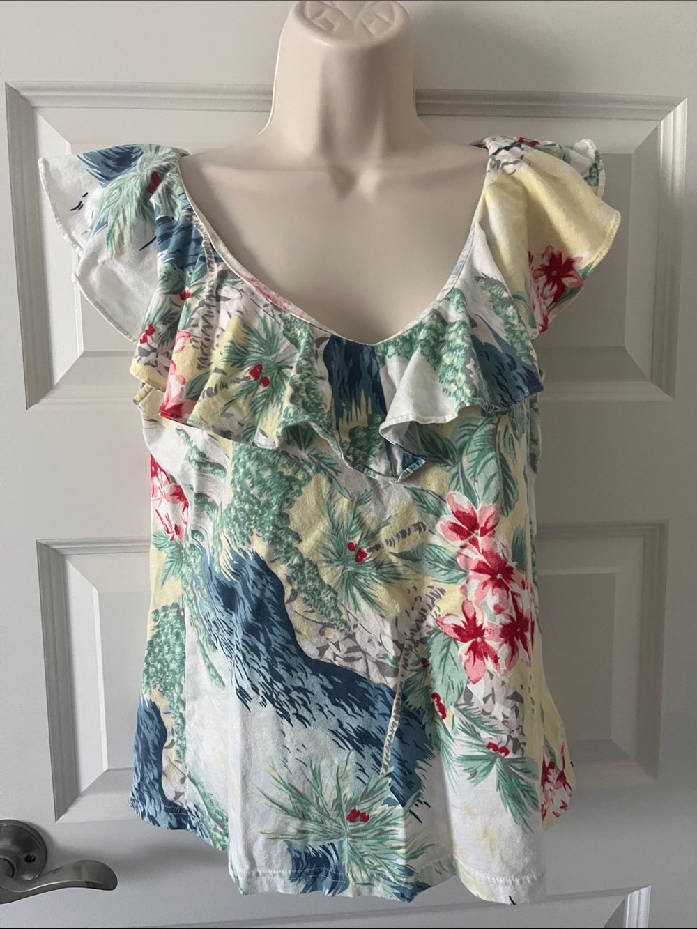 Chaps White Tropical Floral Ruffle Scoop Blouse with Blue & Yellow Accents